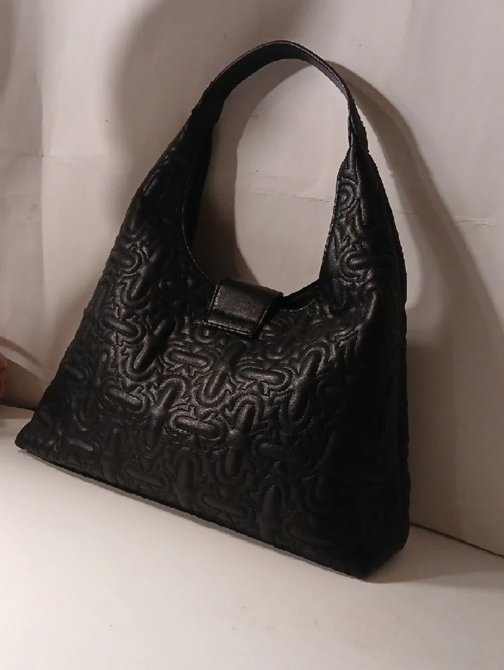 True Religion Women's Black Vegan Leather Logo Buckle Y2K Hobo Bag